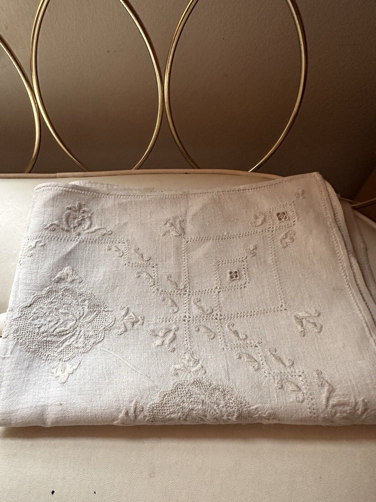Vintage White Linen Embroidered  Rectangular