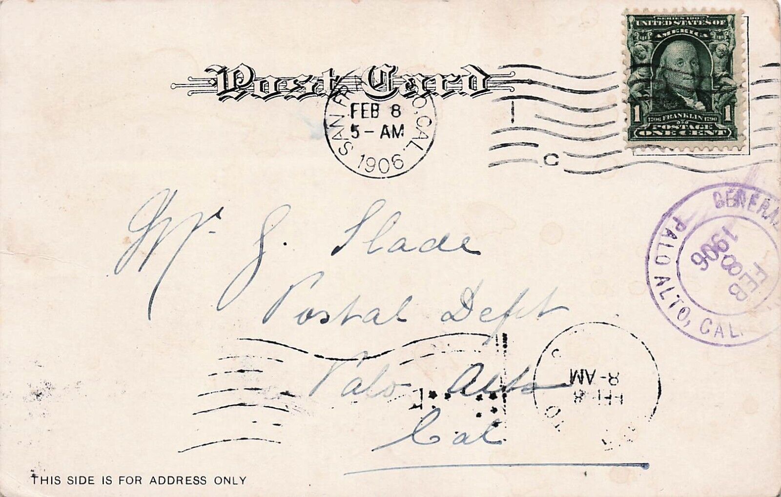 Palo Alto CA 1906 Postmaster General Mr Glade Postal Depot Cancel Postcard E6
