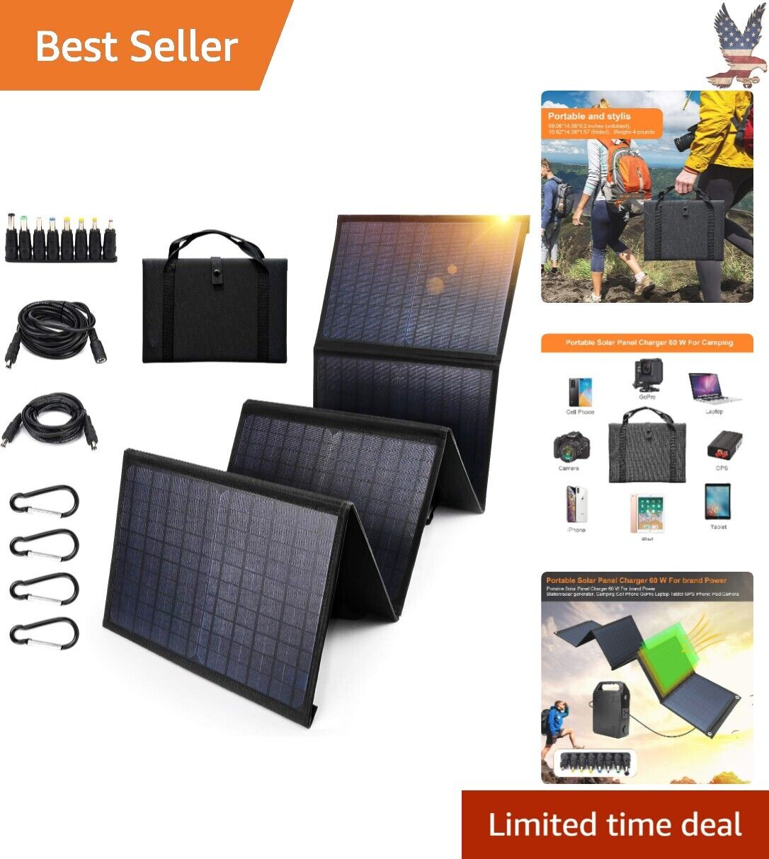 Portable Foldable Solar Panel - 60W High Efficiency - Waterproof - Multi-purpose