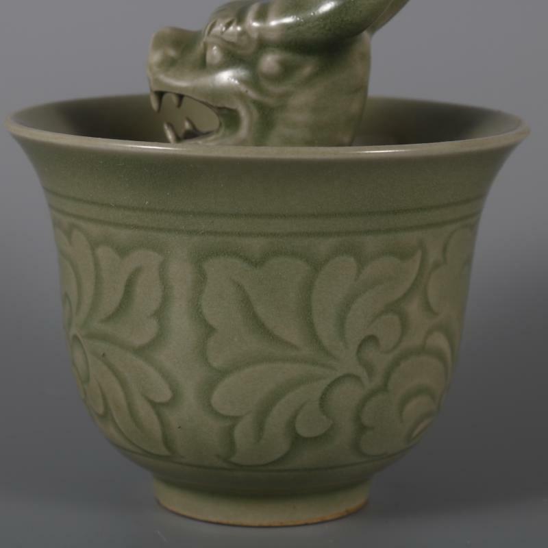 Song Celadon Porcelain Carved Dragon Shape Teacup Cup Ornament 3.26 Inch Chinese