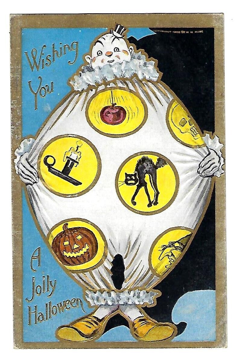 c1908 Halloween Postcard Clown, JOL, Black Cat, Skull, Apple, Witch Embossed