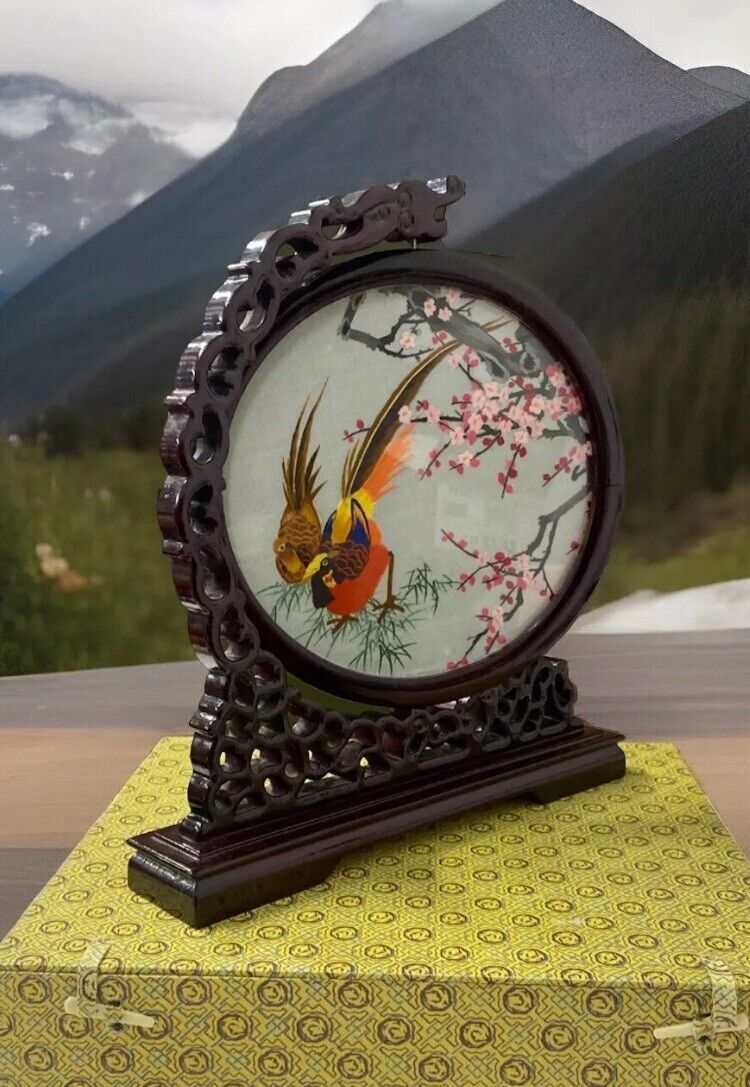 Silk Double Sided Framed Chinese Embroidered Asian Bird Art Decorative Piece