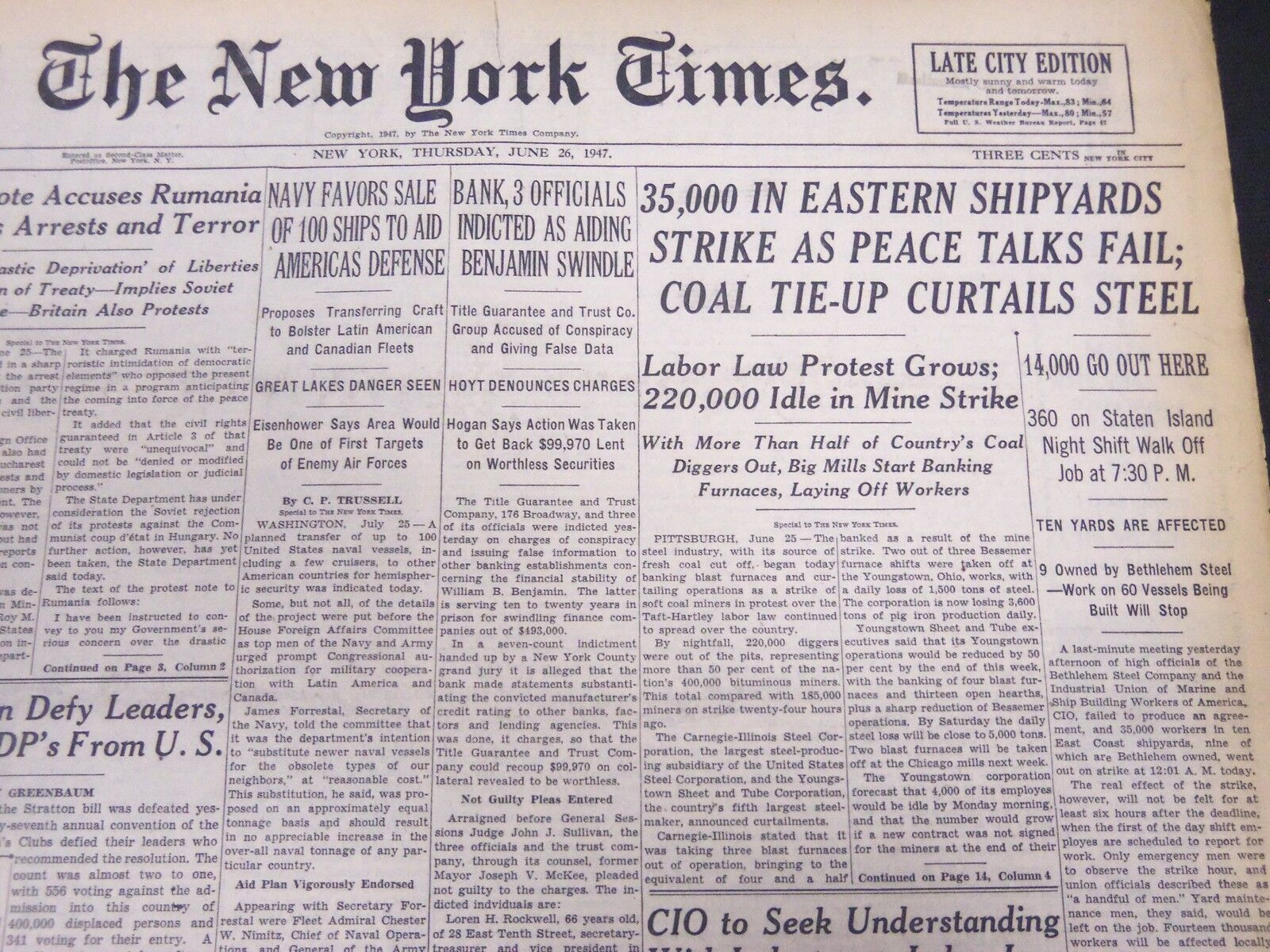 1947 JUNE 26 NEW YORK TIMES - COAL TIE-UP CURTAILS STEEL - NT 5160