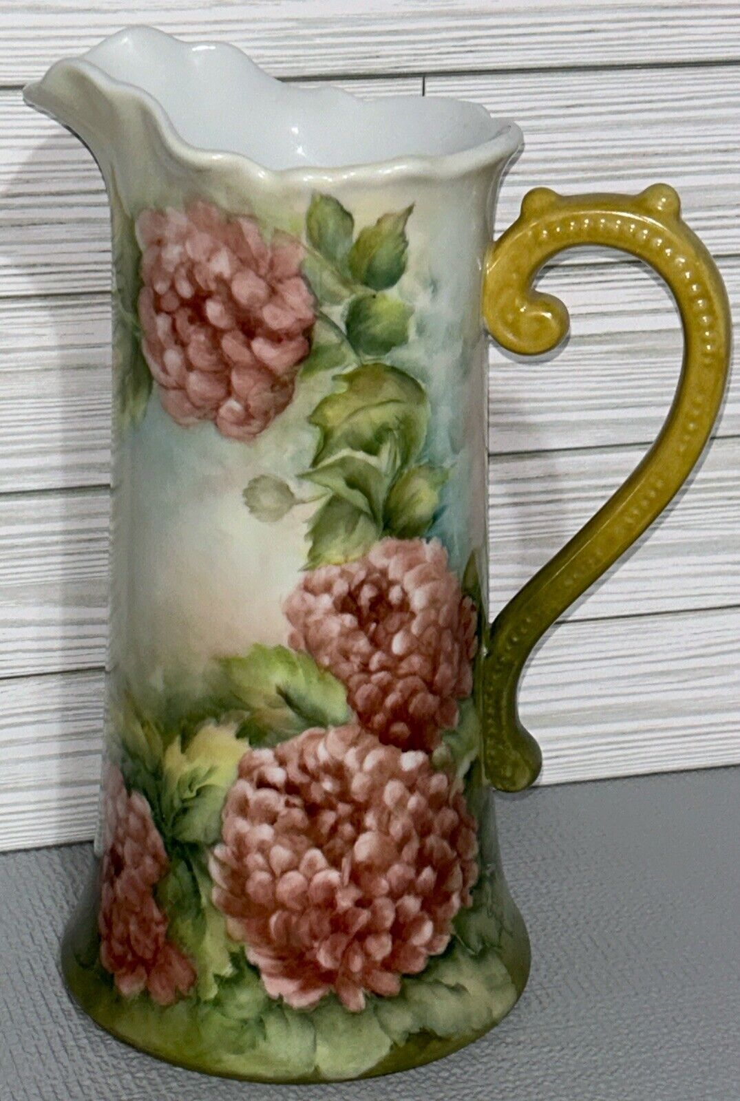 Vintage Porcelain Tall 12” Pitcher Blue & Green W/Pink Peonies Signed Veda 1960