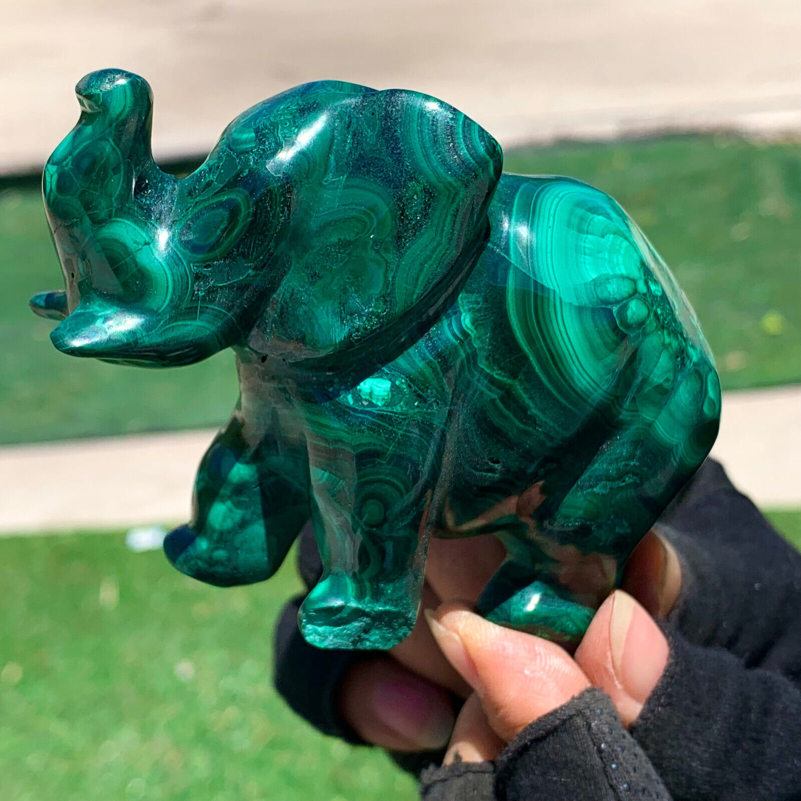 359G Natural glossy Malachite Crystal  Handcarved elephant mineral sample