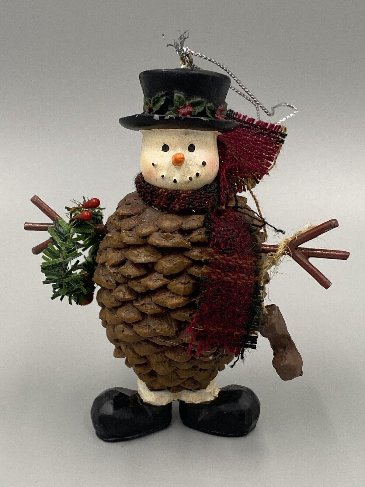Vintage Pine Cone Snowman Christmas Ornament 4”