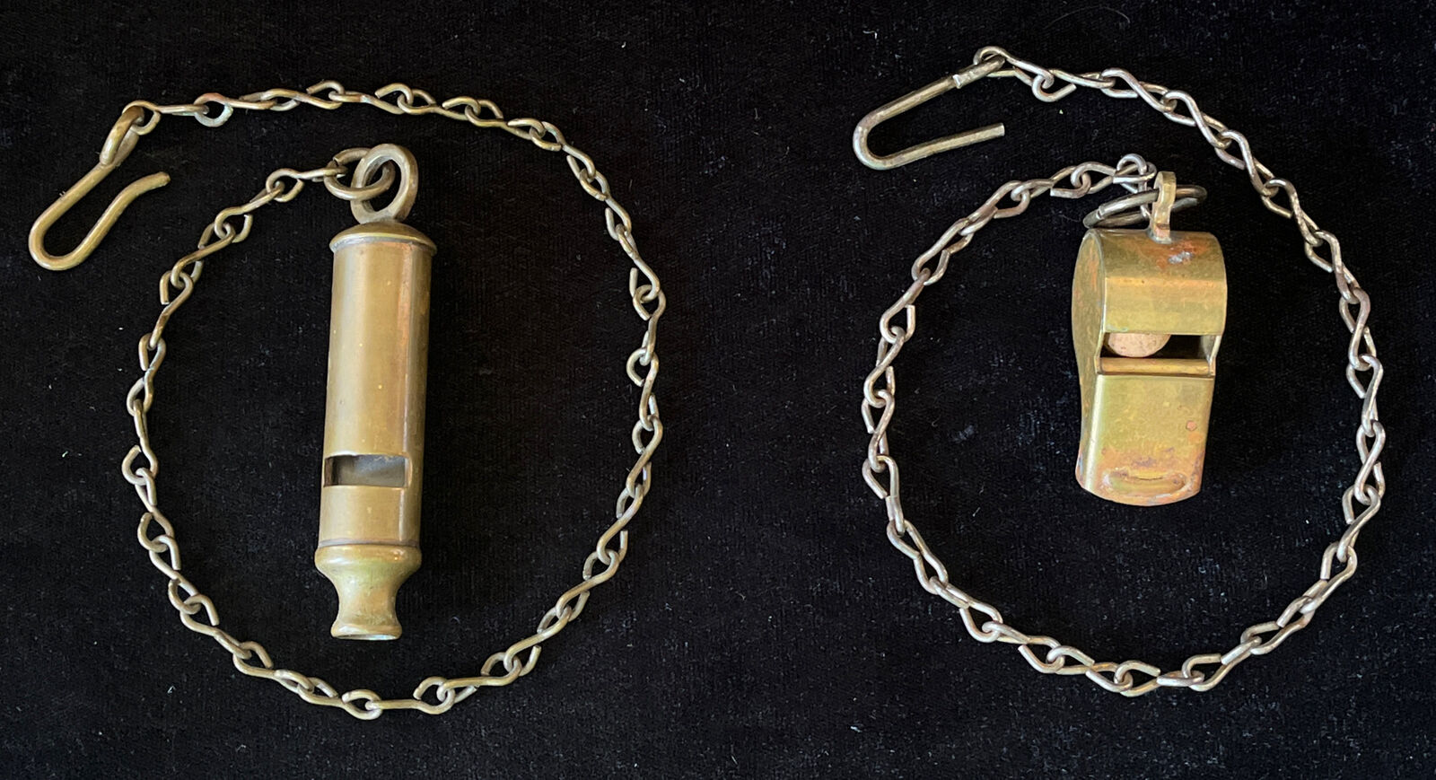 (2) Antique Vintage Metal & Brass MILITARY / POLICE Whistle with Chain & Hook