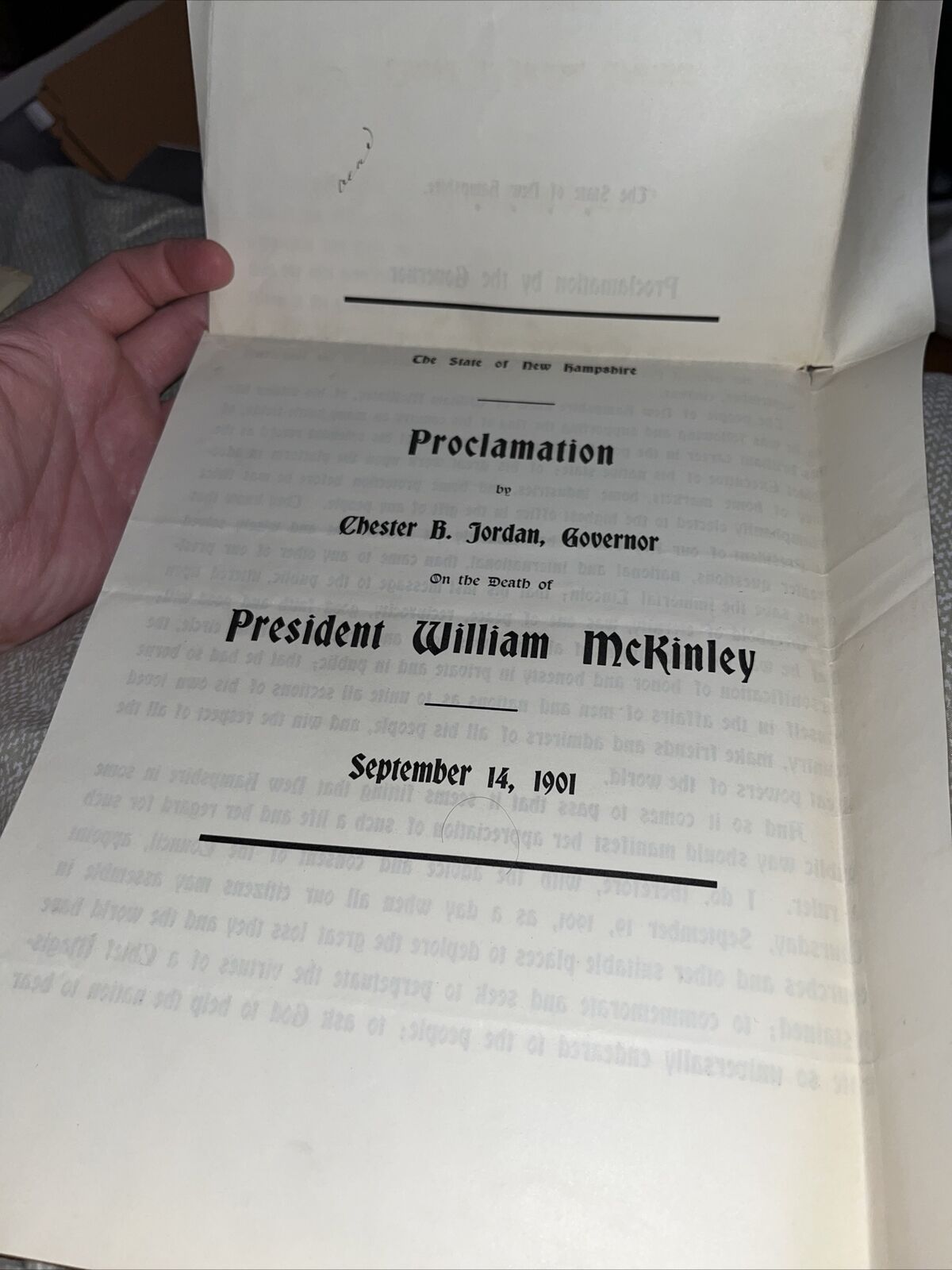 1901 New Hampshire Governor Proclamation on President Wm McKinley Assassination