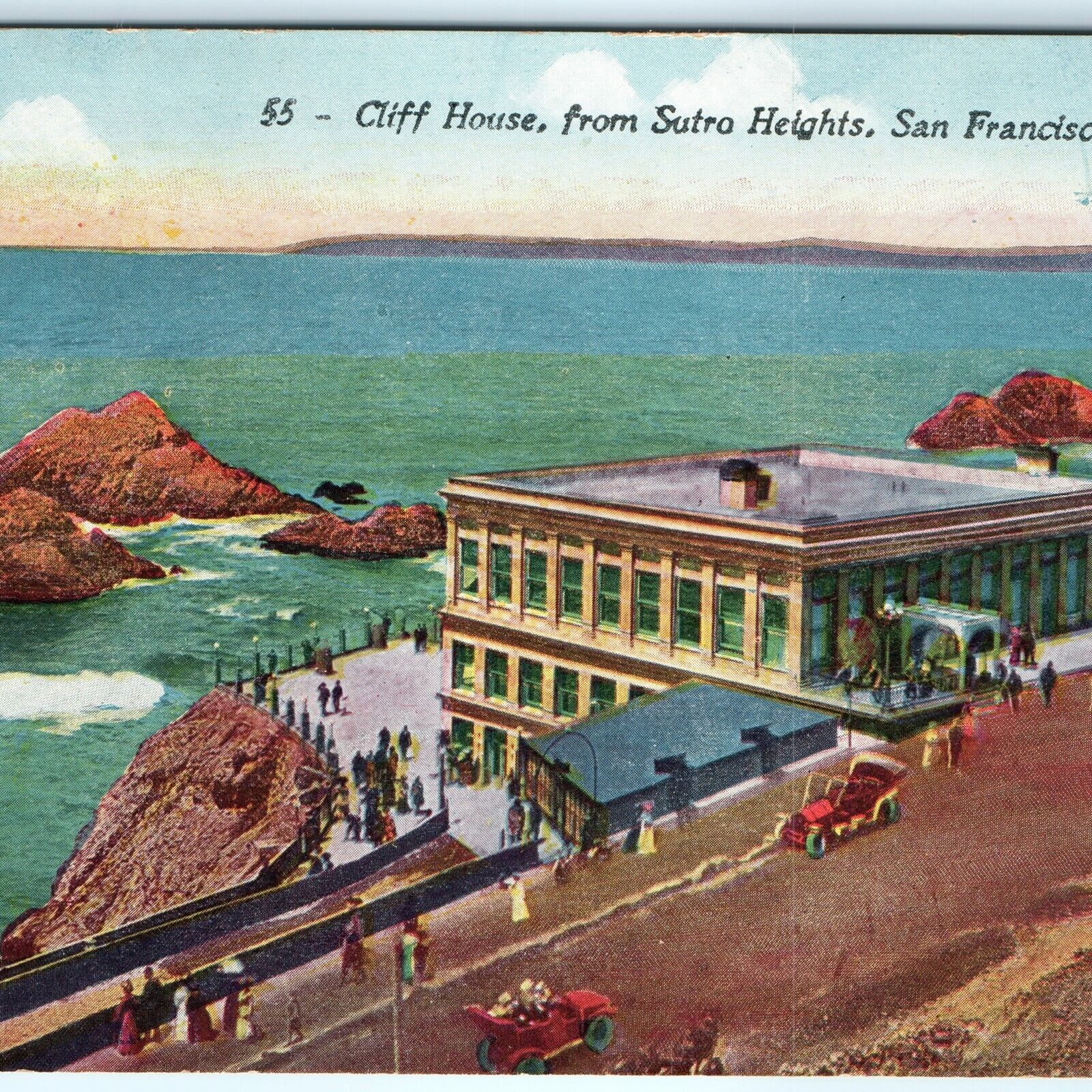 c1910s San Francisco, CA Cliff House Sutro Heights Litho Photo Cars People A22
