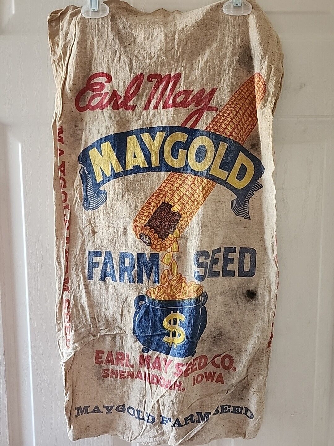 Vintage Earl May Maygold Cloth Seed Sack Bag Shenandoah Iowa Farm Adv