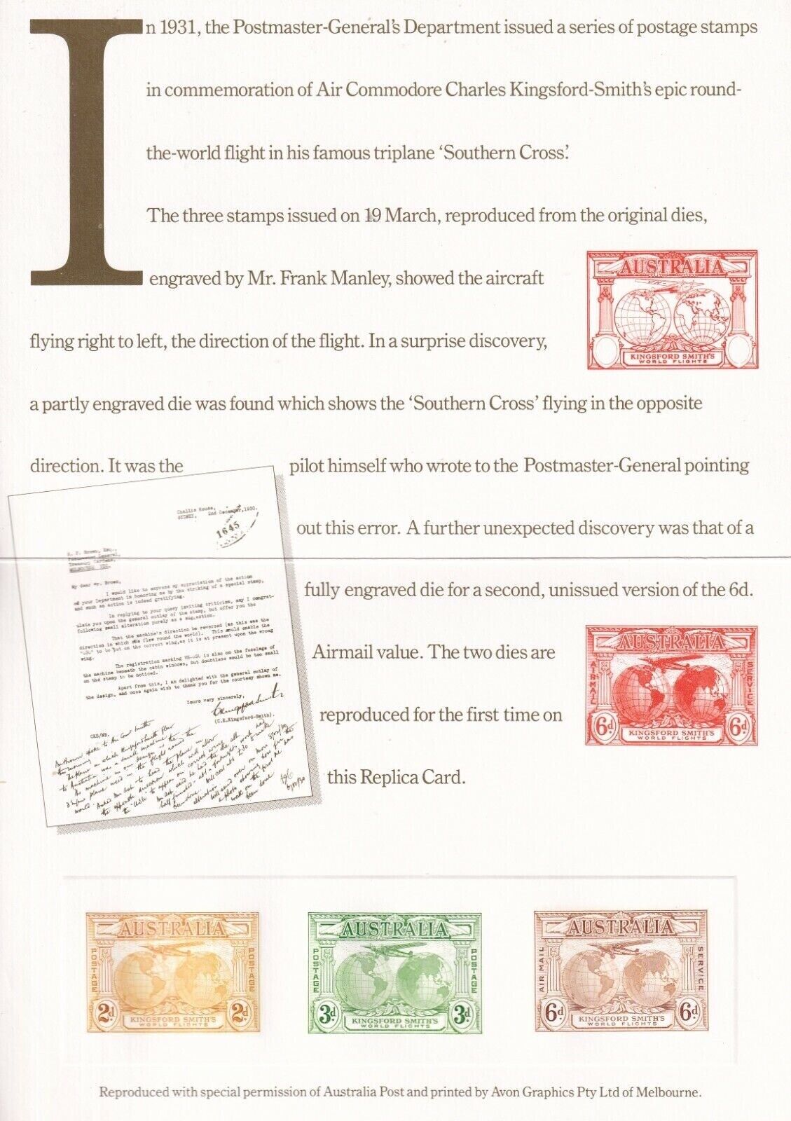 Australia Stamp Replica Card no. 11 - Kingsford Smith Flights