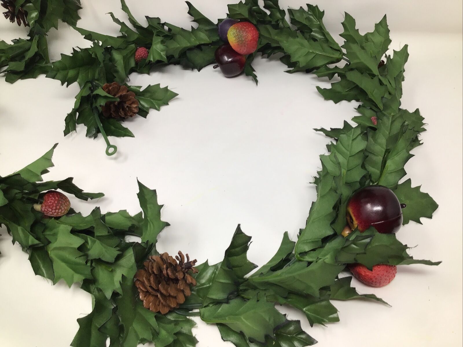 Artificial Silk Holly Leaf Garland Pinecones Apples Strawberries Plums 85” Long