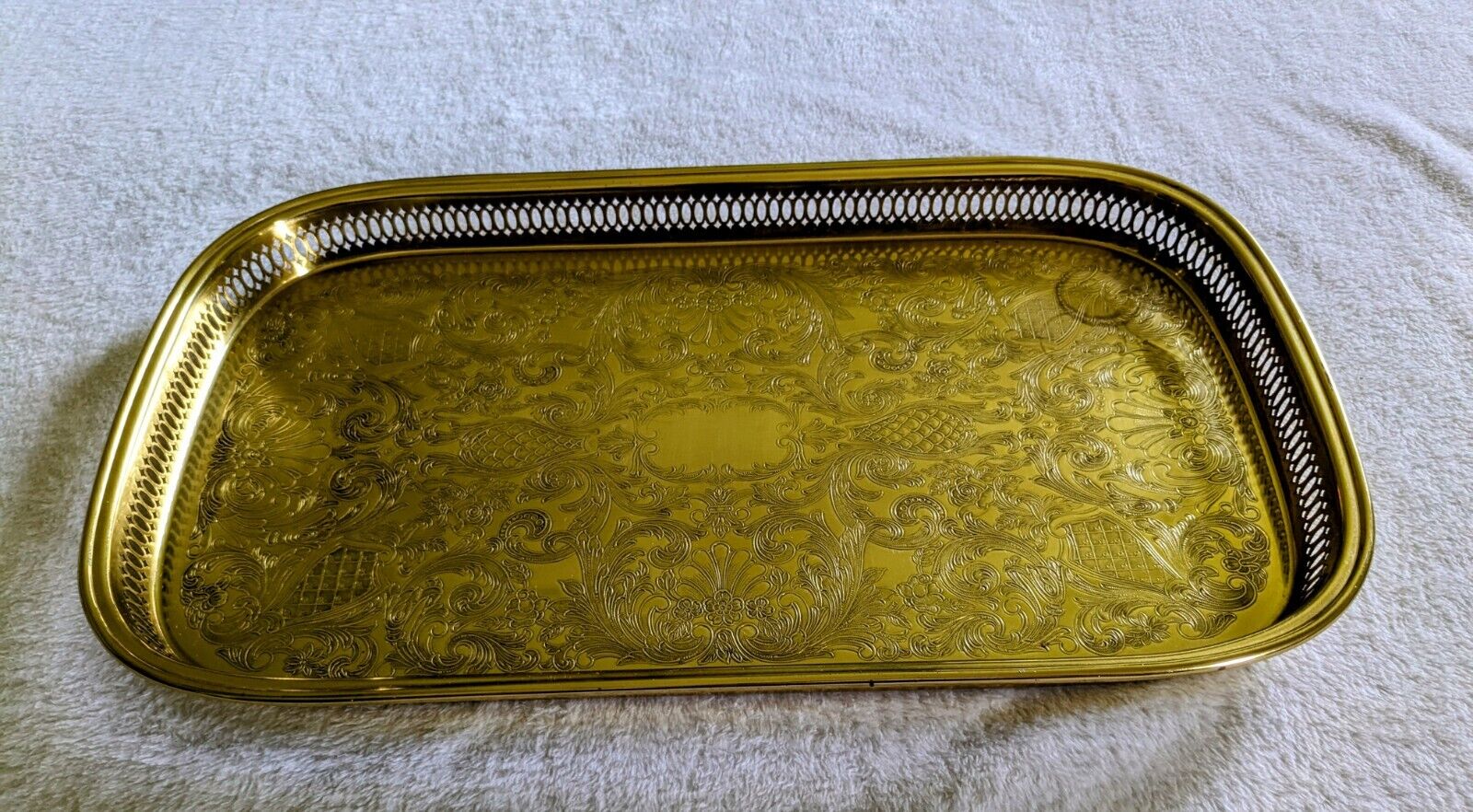 Late 20th Century Vintage Brass Gallery Serving Bar Tray by Copper Craft Floral 