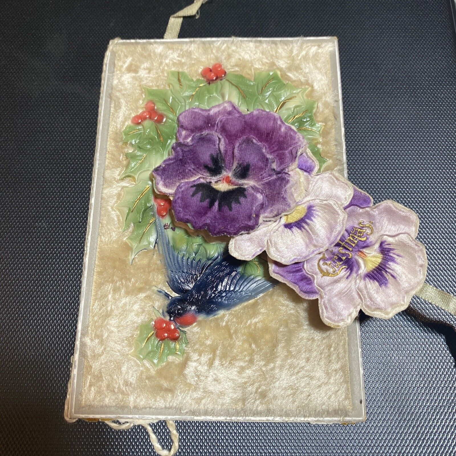 Flocked Antique purple flower mistletoe Christmas Card  1917 Bird violets Pansy
