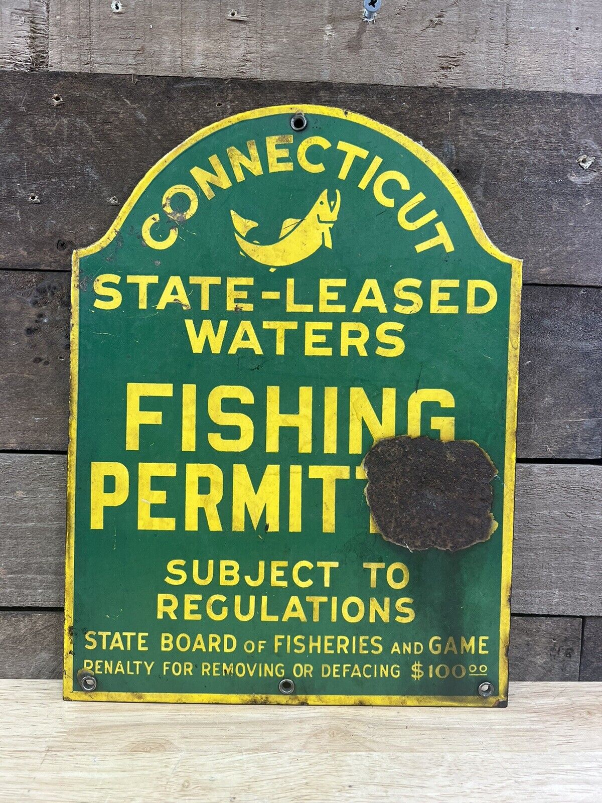Vintage Connecticut Fishing Permitted Porcelain Sign