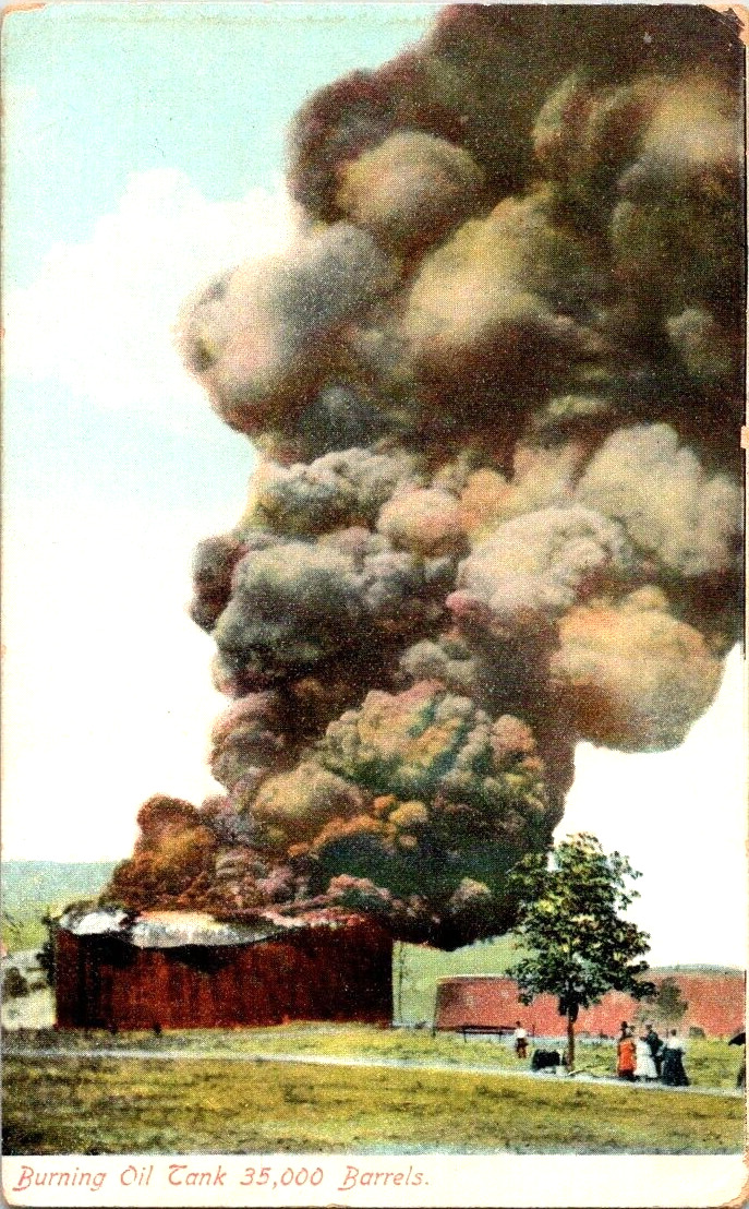 1909 Disaster Burning Oil Tank 35,000 Barrels near Buffalo New York postcard a44