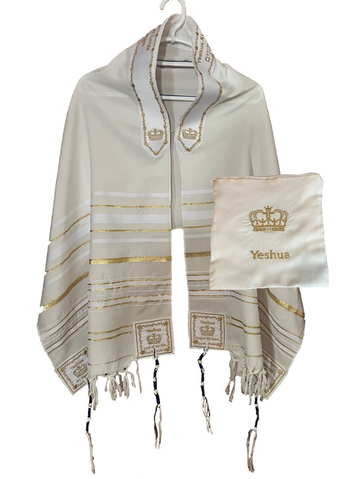 Large WHITE & GOLD Yeshua Messianic Tallit Prayer Shawl & Cloth Talit Zipper Bag