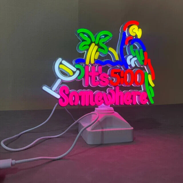 It's 5:00 Somewhere Parrot Neon Sign LED Light Up Beer Decor Happy Hour Bar Lamp