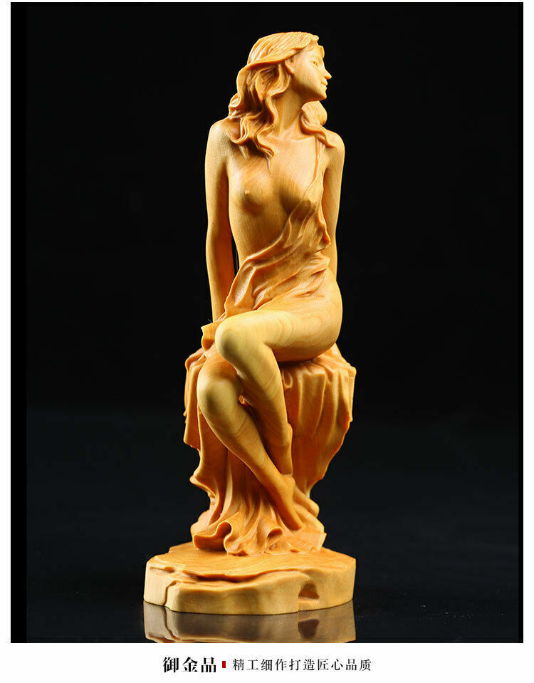 8.4 Inch Chinese Hand-Carved Boxwood Artwork Sexy Female Statue Collection Art