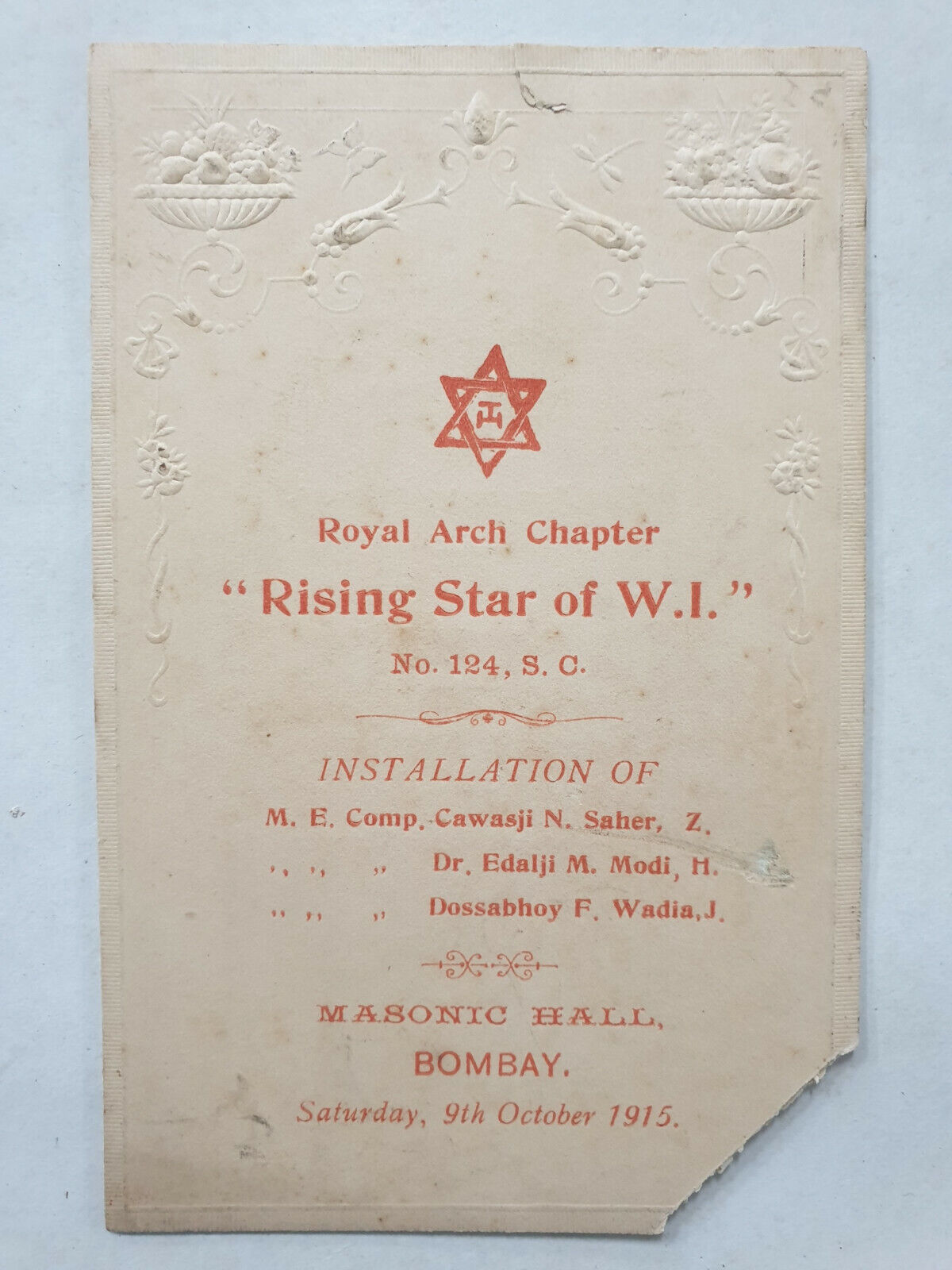 Vintage 1915 LODGE RISING STAR Freemason Bombay Gathering invite Toast Menu