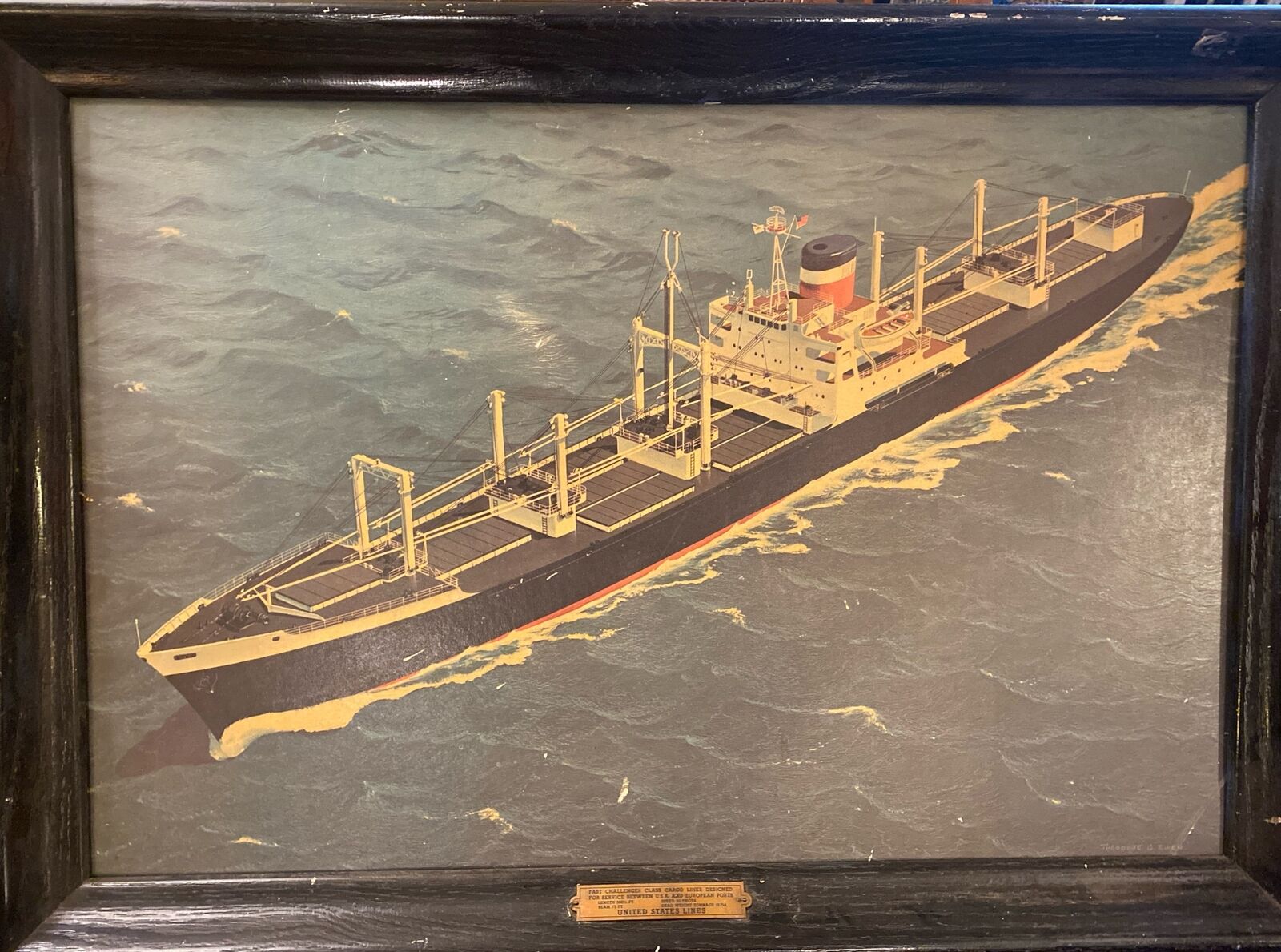 Vintage United States Lines Fast Challenger Cargo Ship Art Framed Picture
