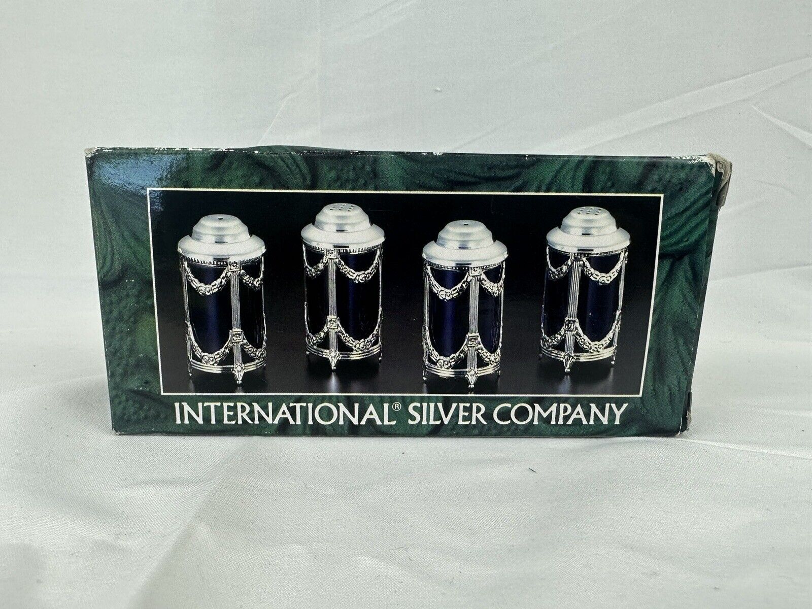 International Silver Co Majesty Cobalt Blue Glass Salt&Pepper Shaker Set NIB B7