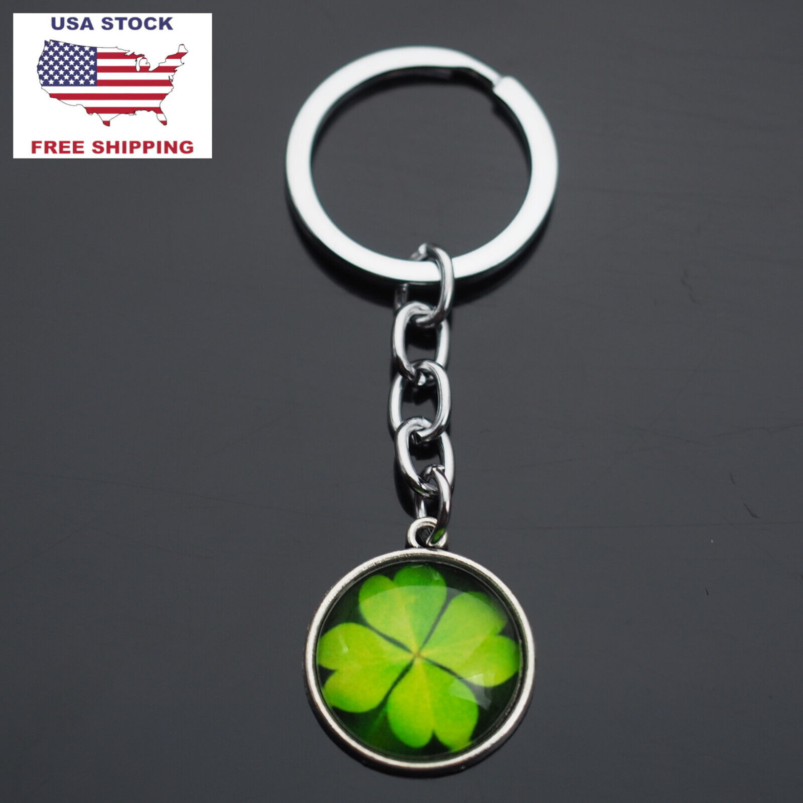 1PC Four 4 Leaf Clover Picture Glass Dome Cabochon Lucky Keychain Key Chain Ring