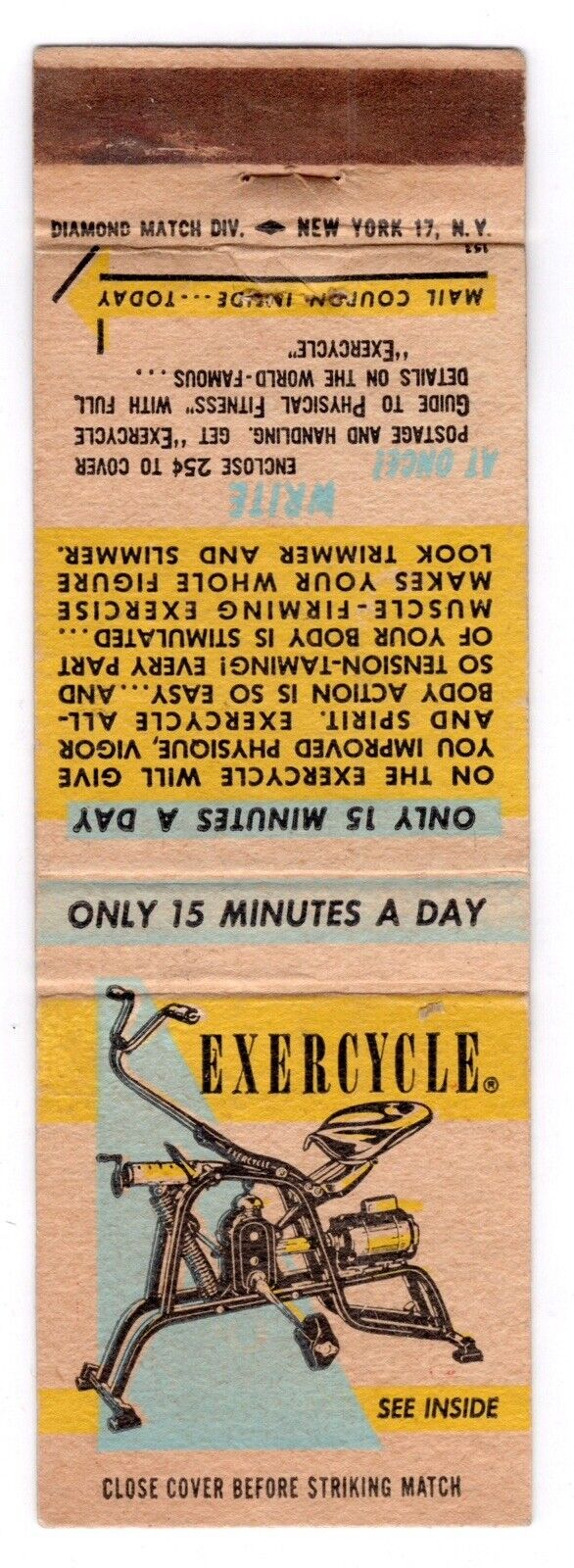 1950s Exercycle Bike Fitness Exercise Home Workout MCM Vintage Matchbook Cover