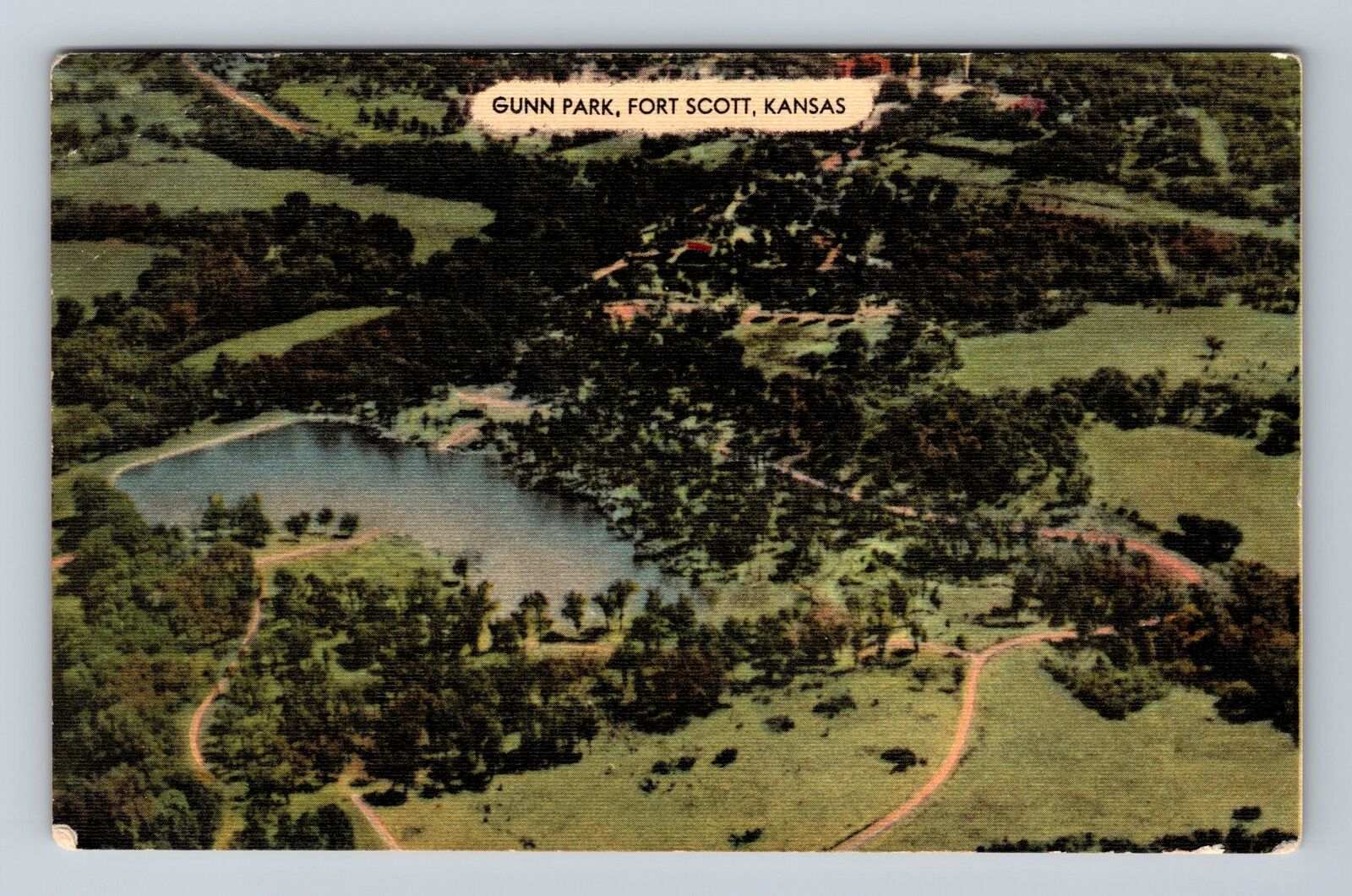 Fort Scott KS-Kansas, Aerial Scenic Gunn Park, Lake, Antique Vintage Postcard