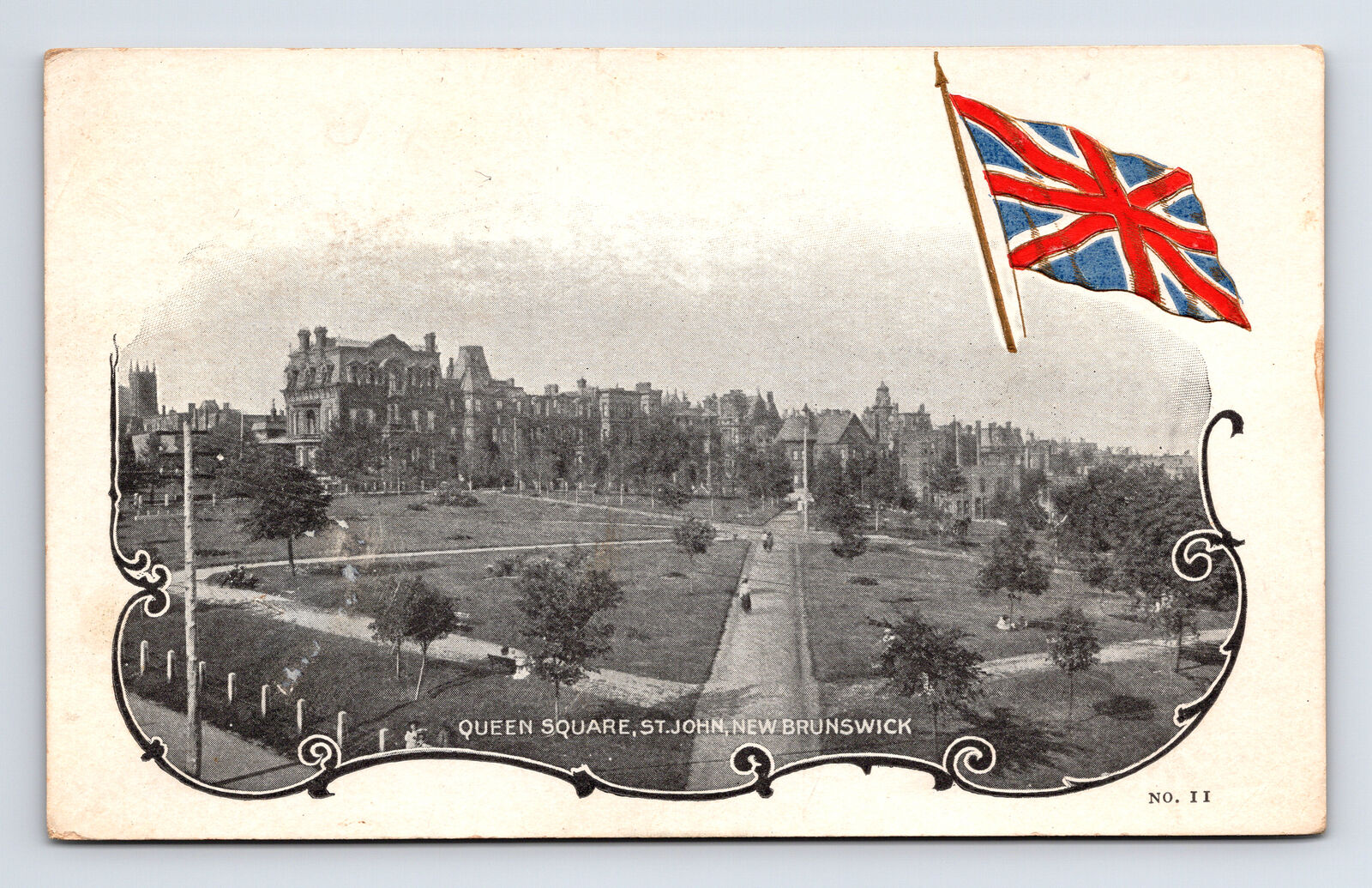 c1907 PMC Postcard St. John New Brunswick Queen Square Embossed Union Jack Flag
