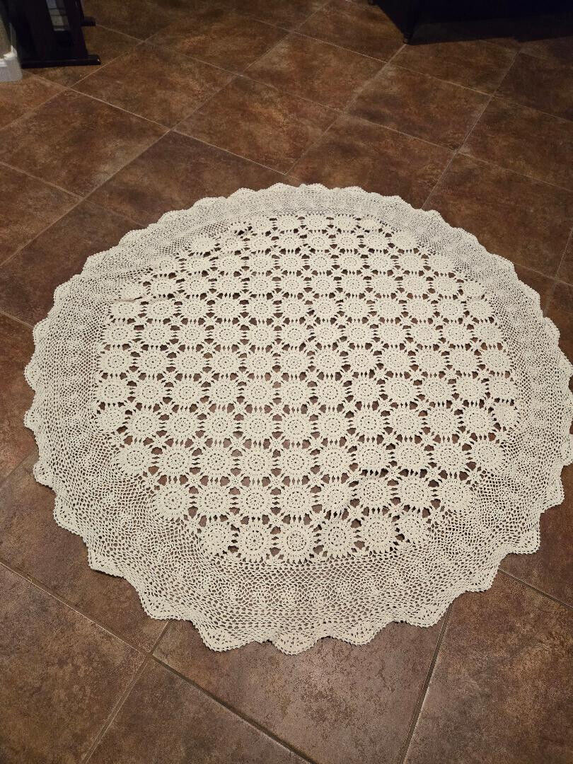 Vintage Hand Made Crochet Round Tablecloth