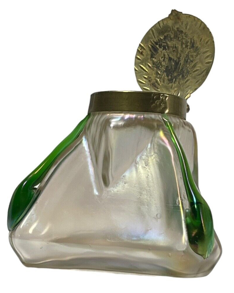 Loetz / Loetz Style Art Glass Iridescent Clear / Green Inkwell  - Late 19th C