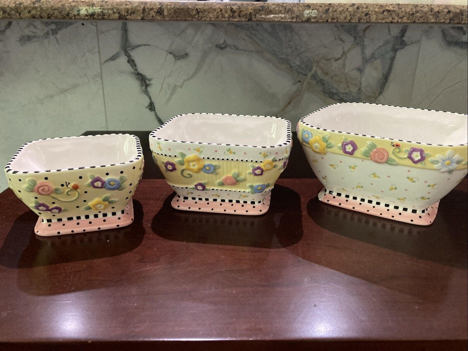 Mary Engelbreit Set Of Three Bowls Floral Strip Polka dot 