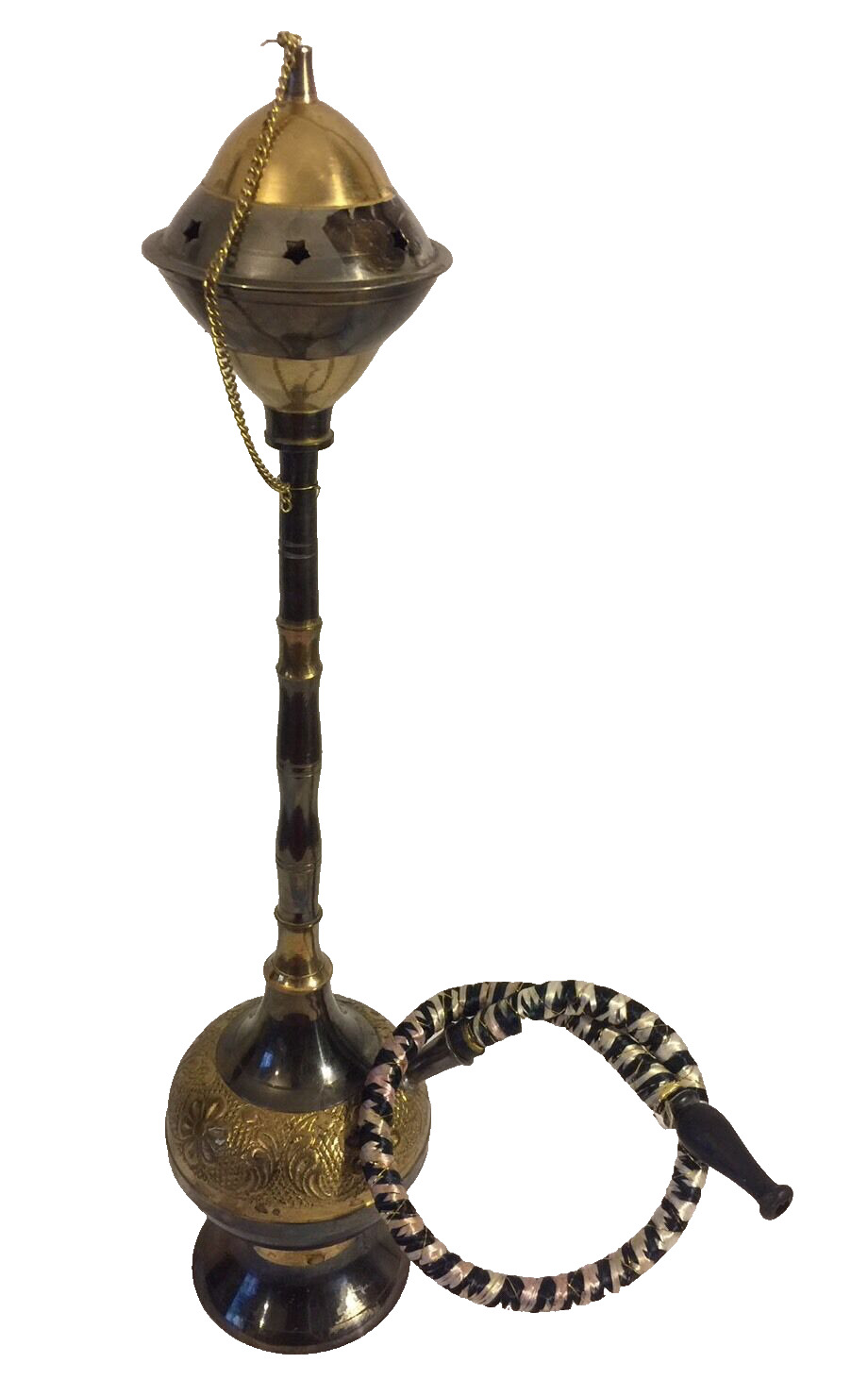 Antique Persian Middle Eastern Smoking Hookah Brass Cup And Chain Pipe 