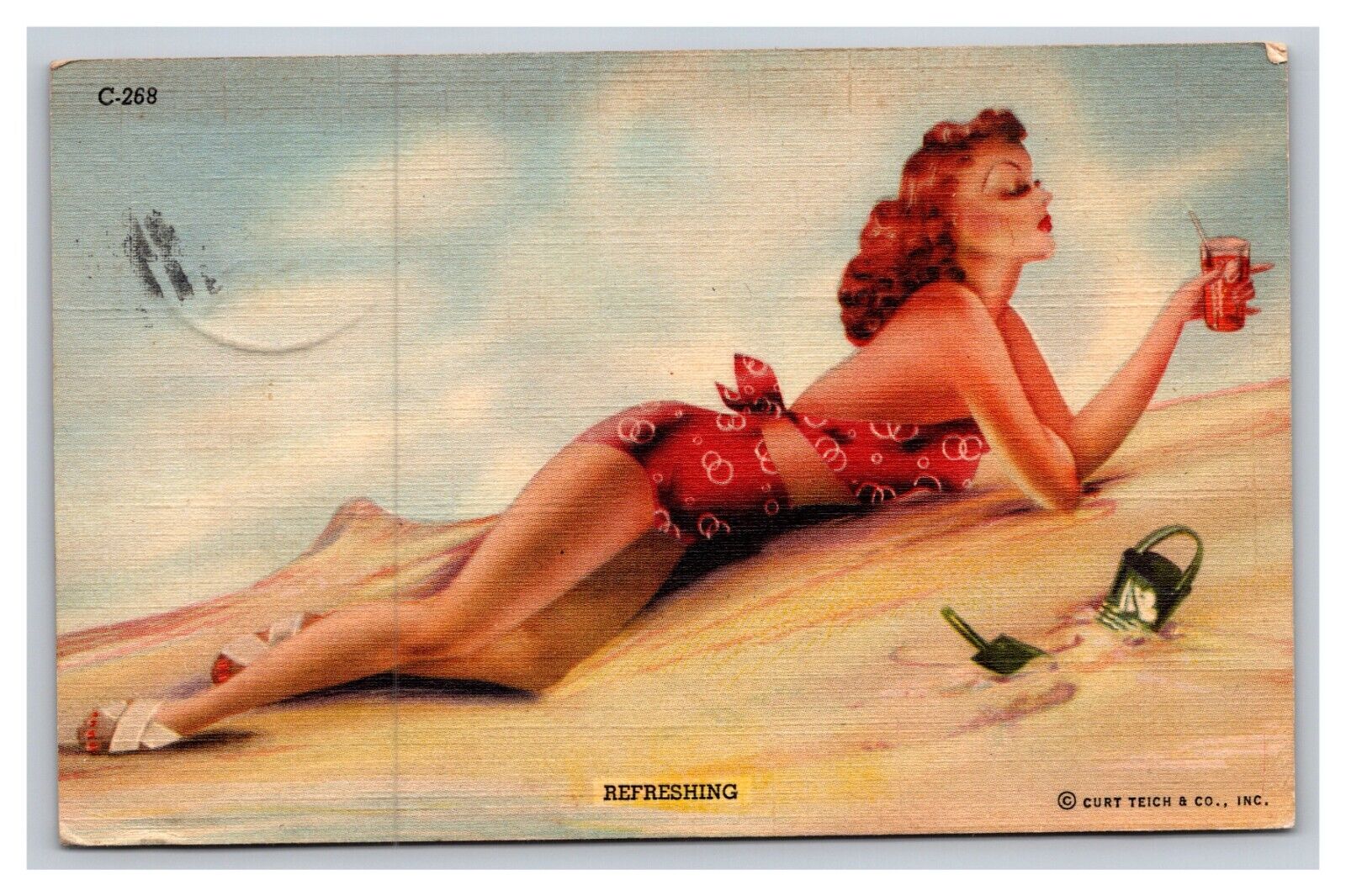 Vintage 1942 Postcard Beautiful Woman Swimsuit Laying Beach Drinking Refreshing