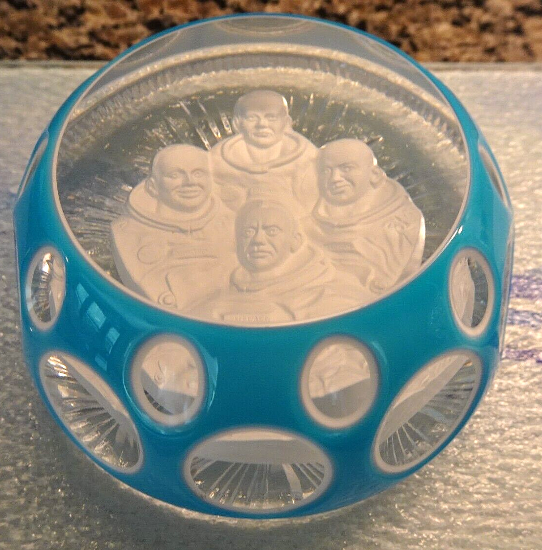 Cristal d'Albret France Double Overlay Faceted Apollo 11 Astronauts Paperweight
