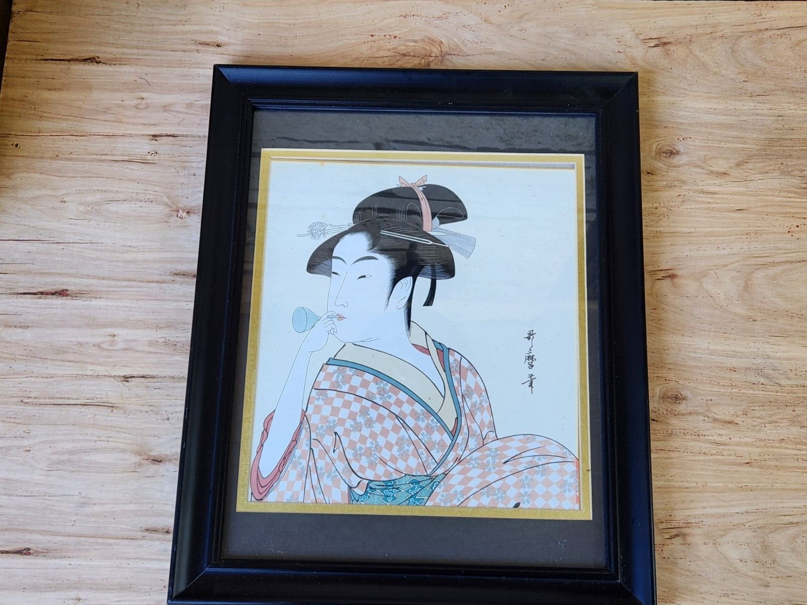 Kitagawa Utamaro Woodblock? Print Framed Japanese Daughter Blowing Poppin Vtg