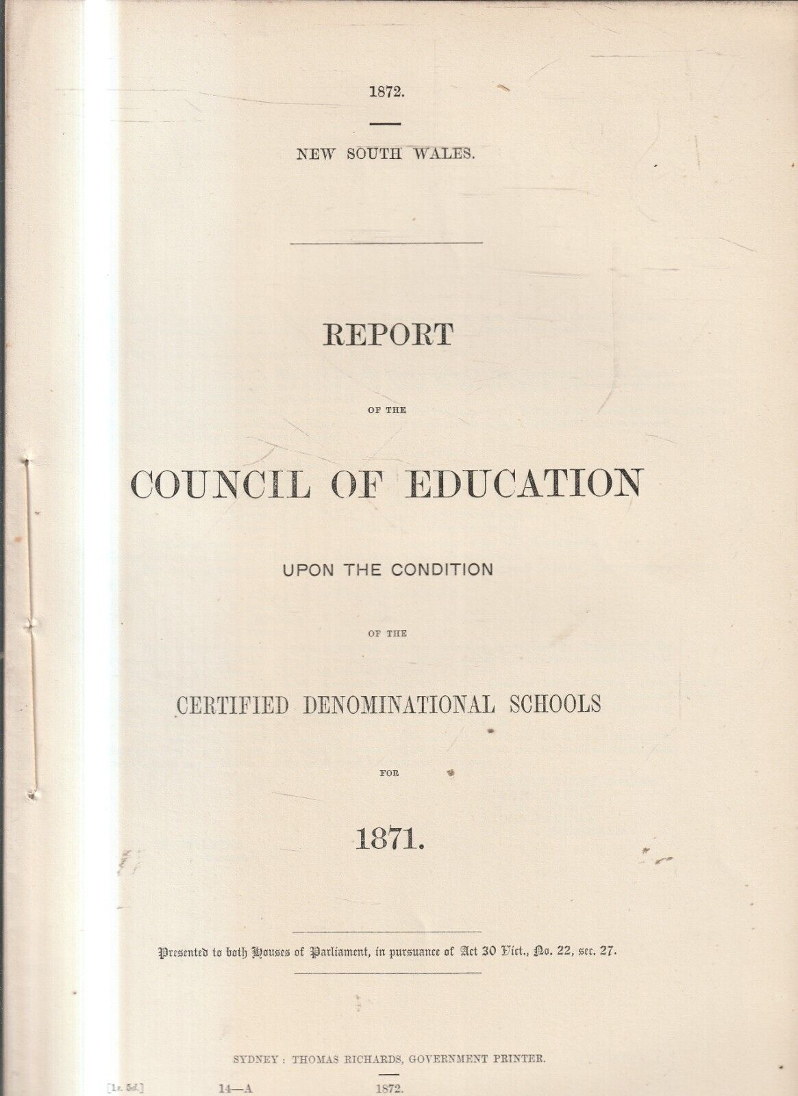 AUS PARLIAMENT PAPERS , NSW  , 1872 , REPORT COUNCIL OF EDUCATION , DENOMINATION