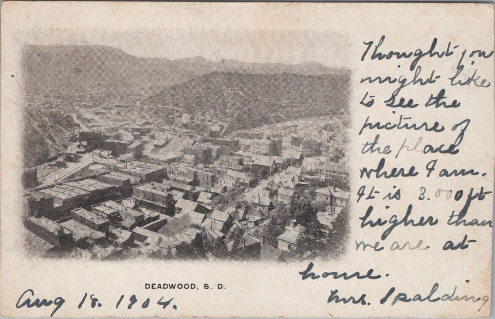 Bird\'s Eye View Deadwood, South Dakota 1904 RPO PM Postcard