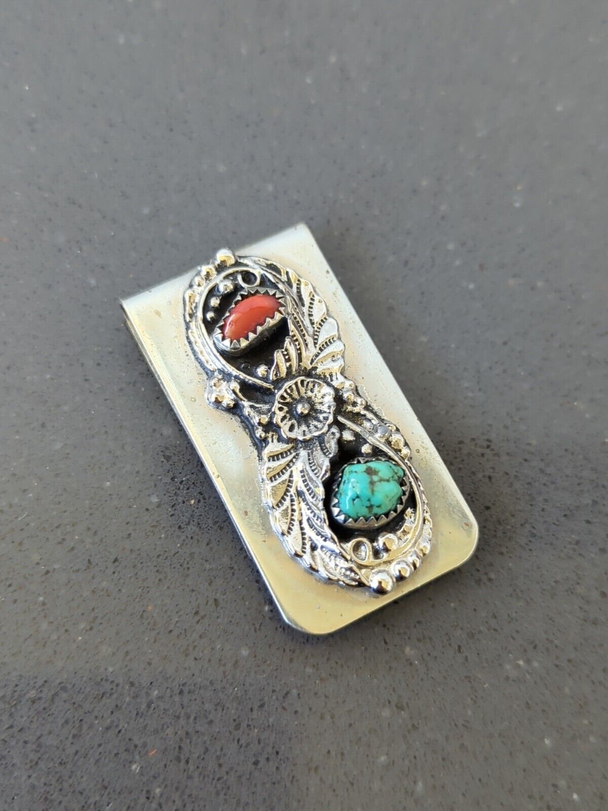 Vintage Navajo Money Clip Sterling Silver Coral Turquoise  C6