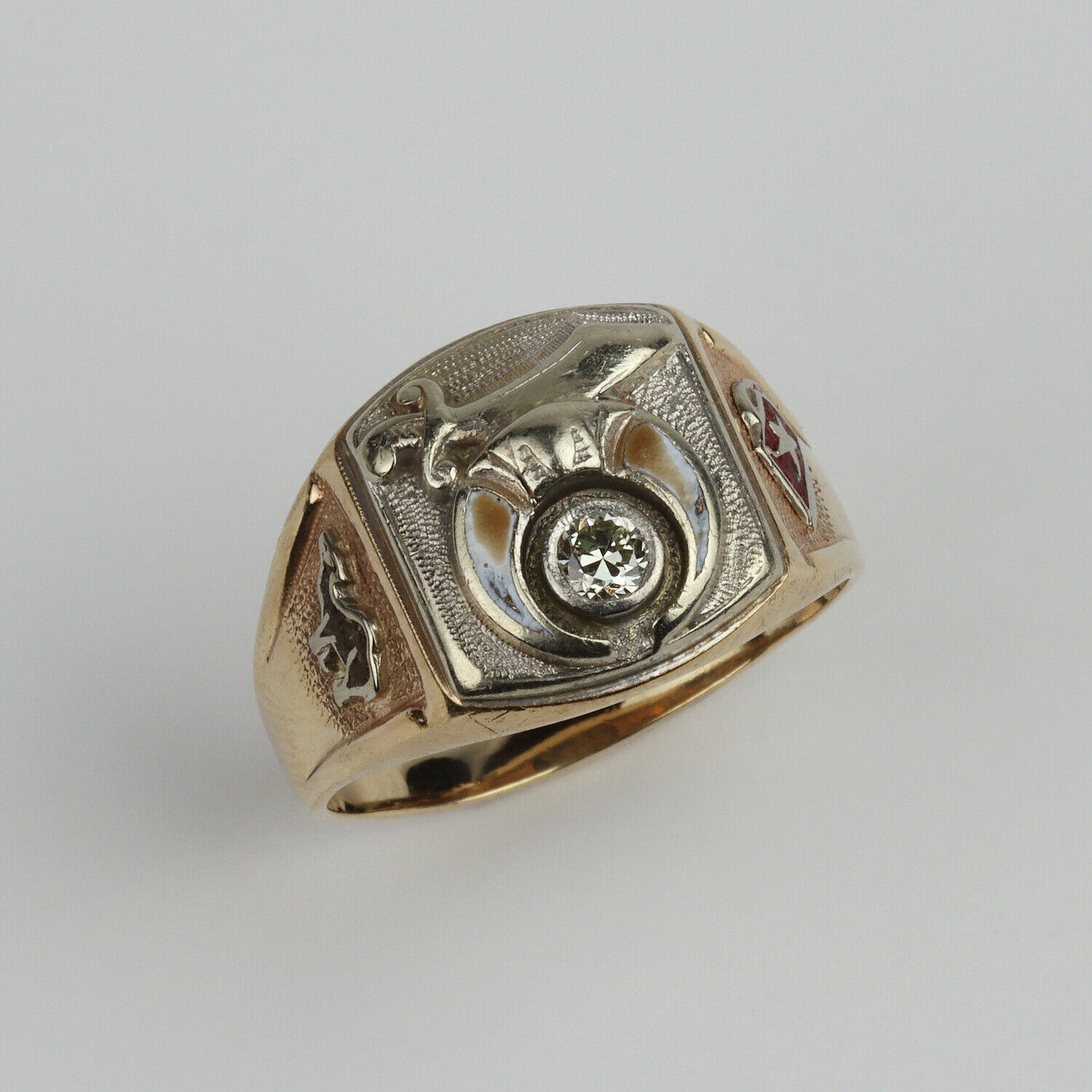 Vintage Mens Gothic 10k Yellow Gold, Diamond Shriners Masonic Ring Size 13.5