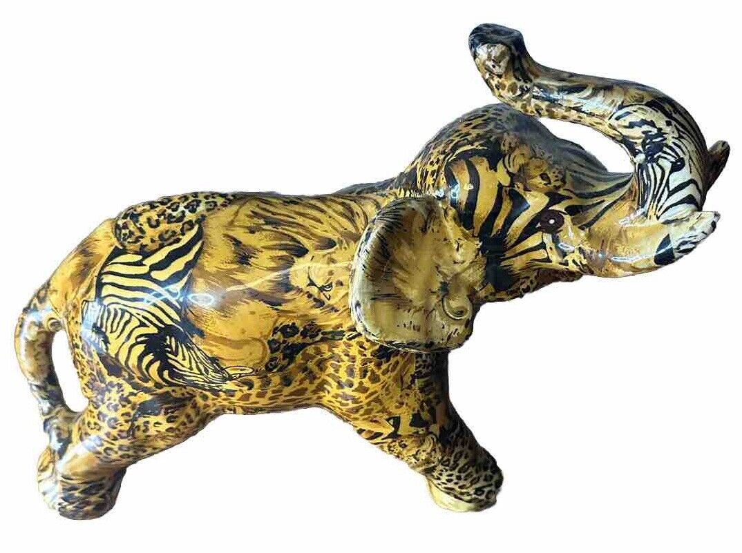 Vintage La Vie Large Safari Elephant Patchwork Decoupage Figurine Animal Cats 