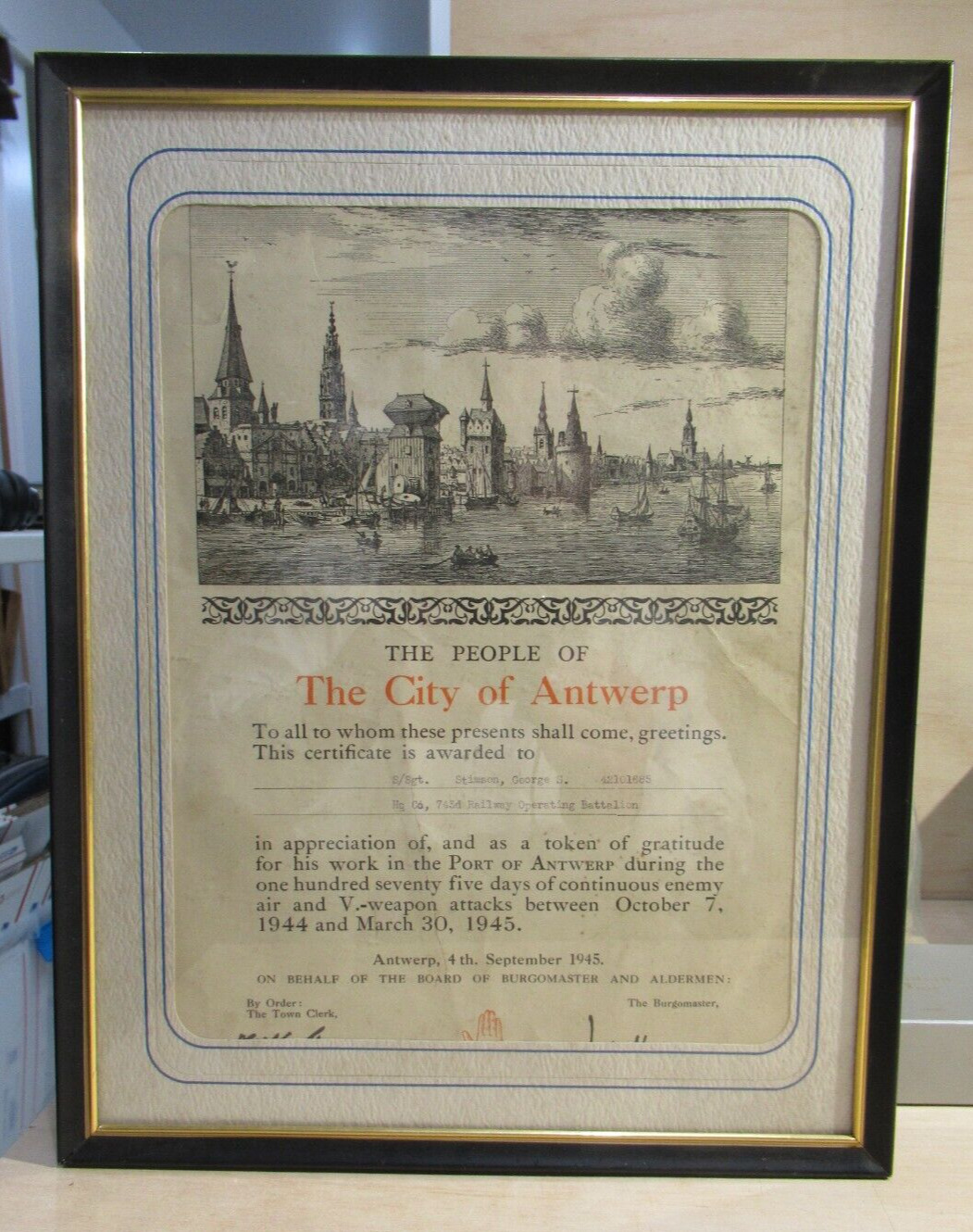 WWII City of Antwerp Certificate Award, George Stimson 743rd Railway Battalion