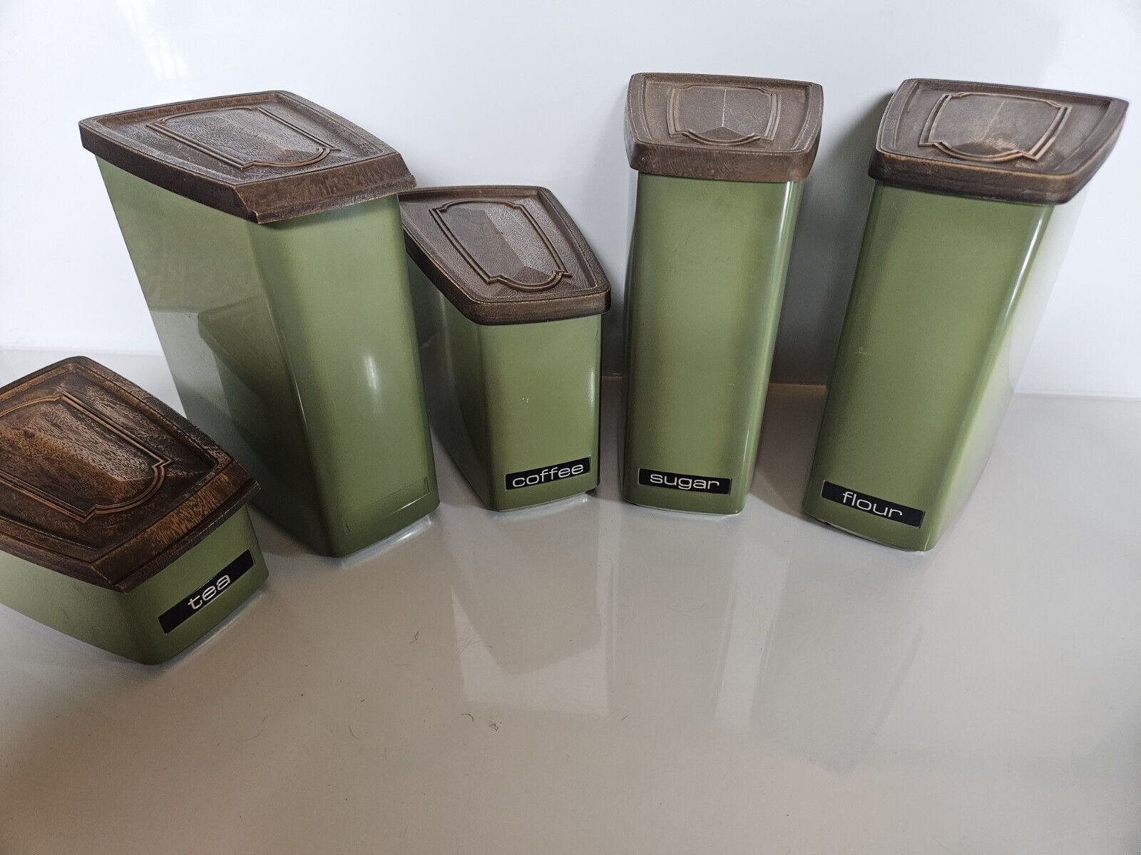 Vintage MCM Lincoln BeautyWare Five-Piece Avocado Green Kitchen Canister Set