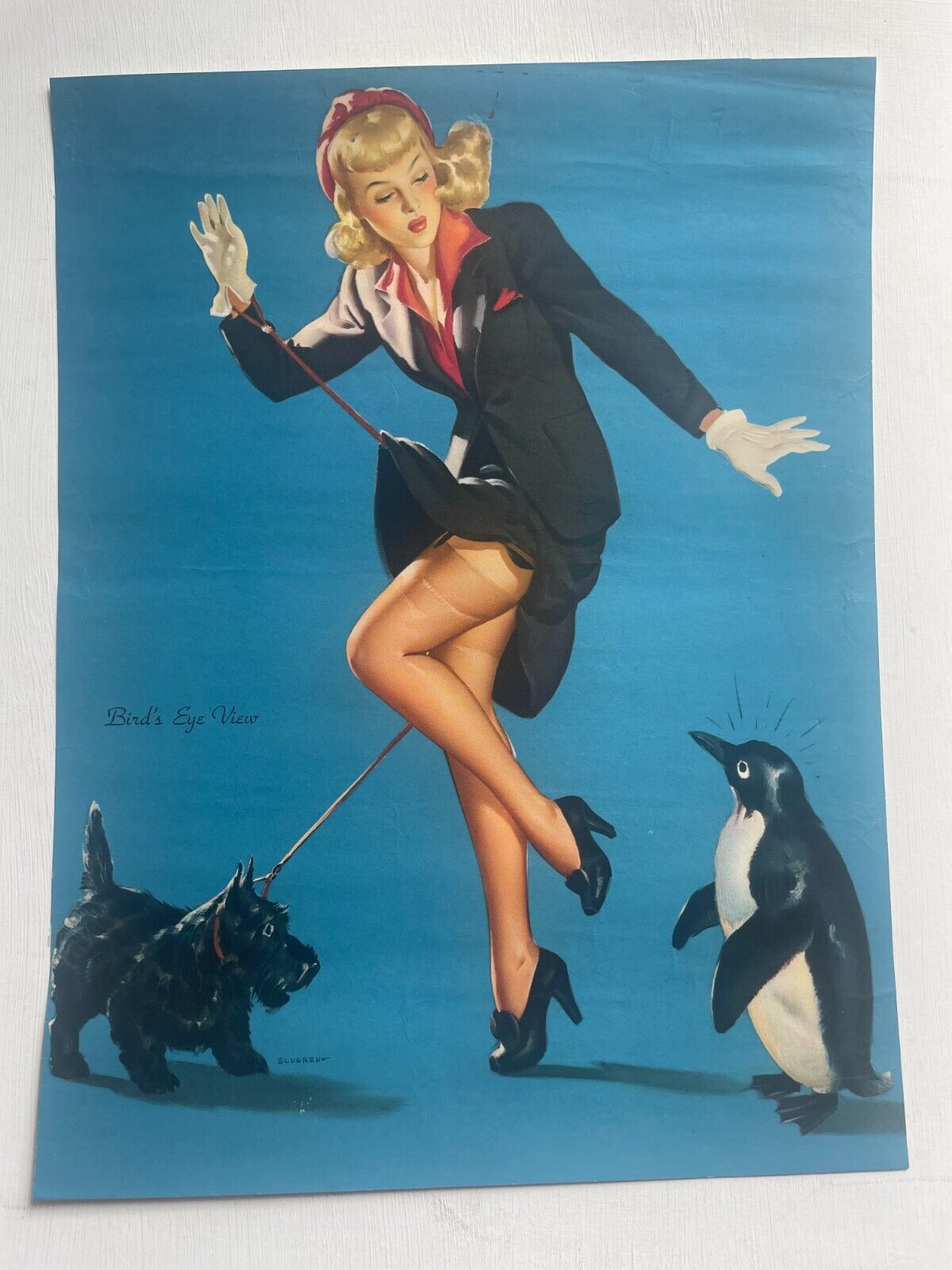 Vintage 1940s Pinup Girl  Picture by Elvgren- Birds Eye View w/ Penguin