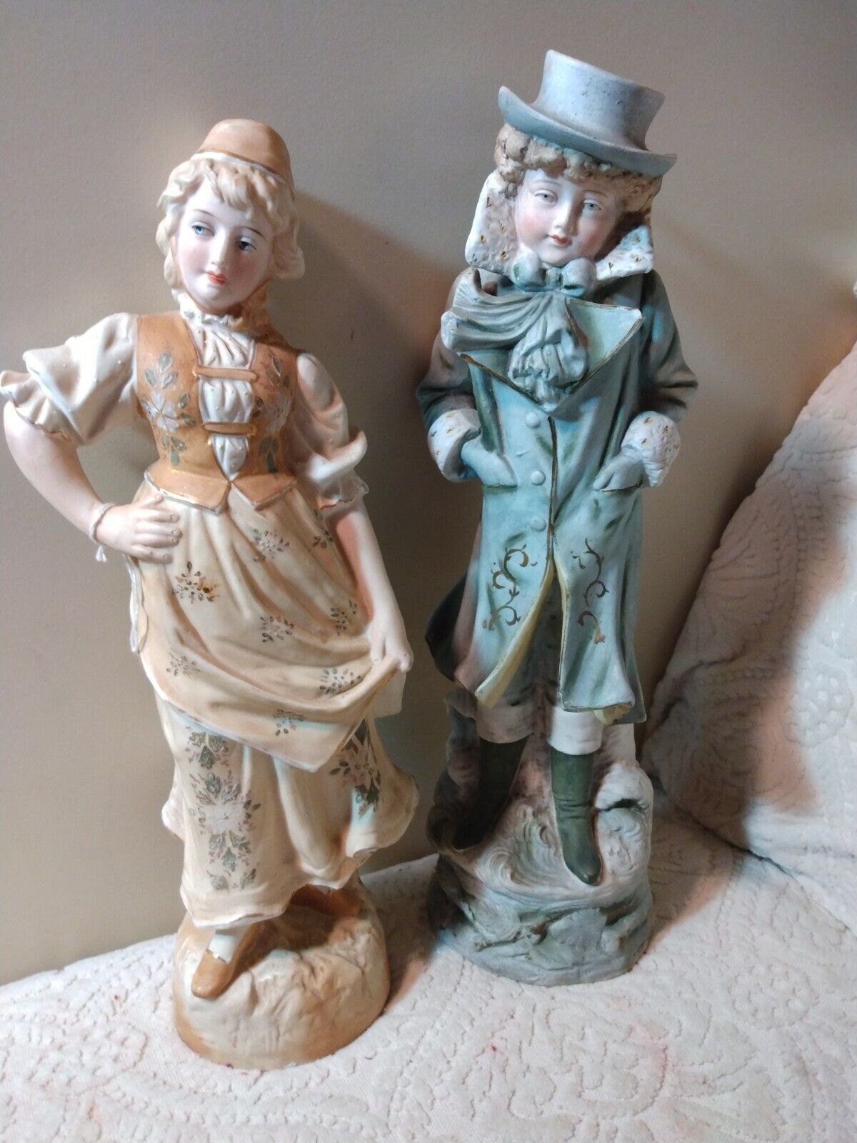 Antique German Bisque Porcelain Figurine Lg Pair Boy Girl Fine Colorful Perfect