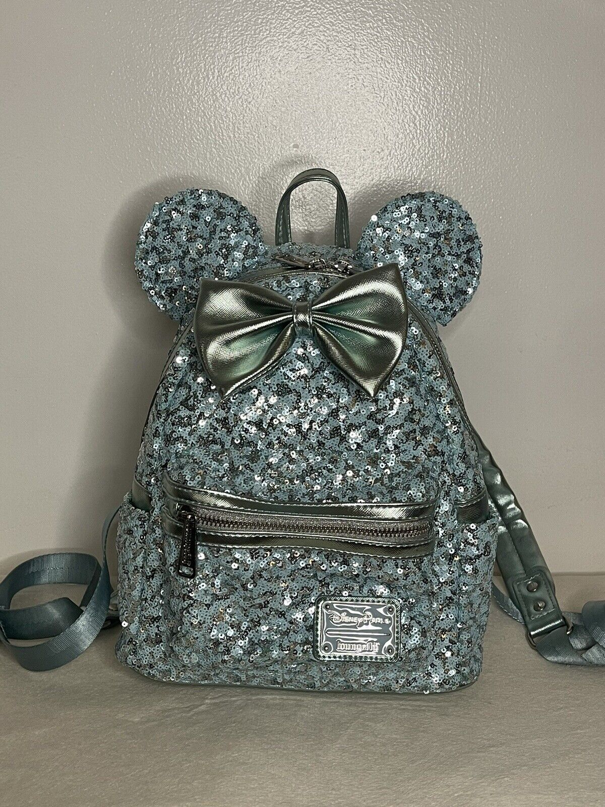 Disney Arendelle Aqua Blue Loungefly Minnie Mouse Frozen Sequin Backpack/Ears