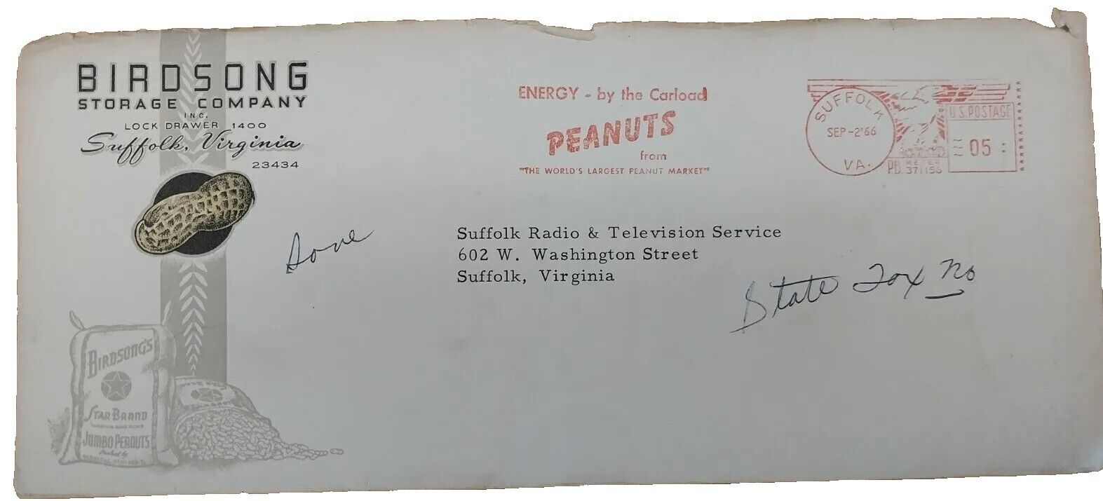 Birdsong Storage Company (Birdsong Peanuts) 1966 Envelope With Logo
