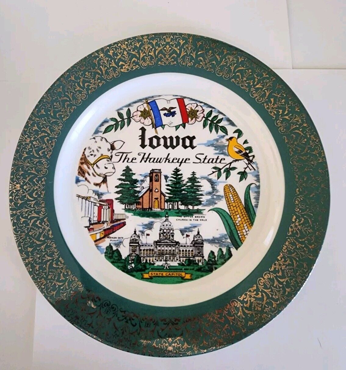 Vintage Iowa State Collector Plate Hawkeye State Green Gold 10\