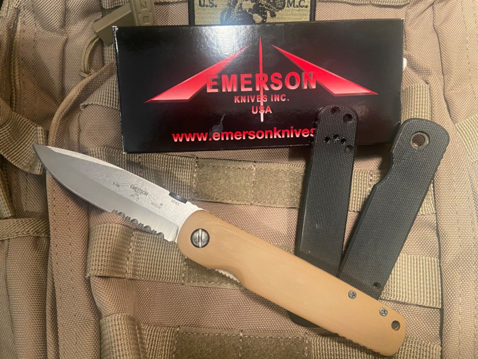 Emerson A-100 serrated, stone washed knife.